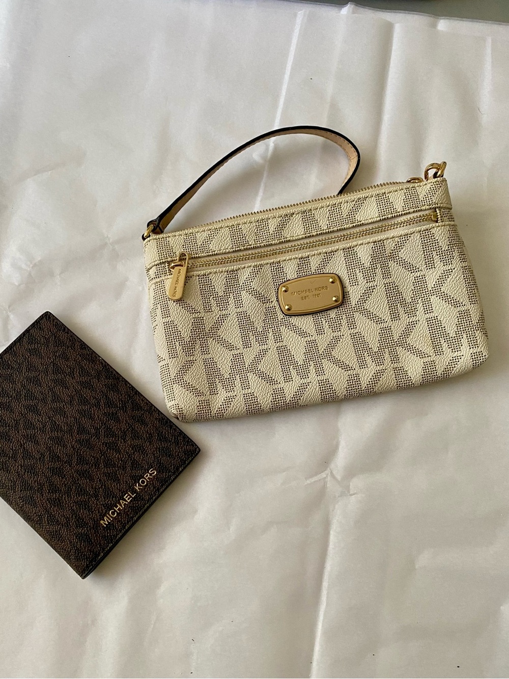 Michael Kors Cream Wristlet and Passport Wallet Holder